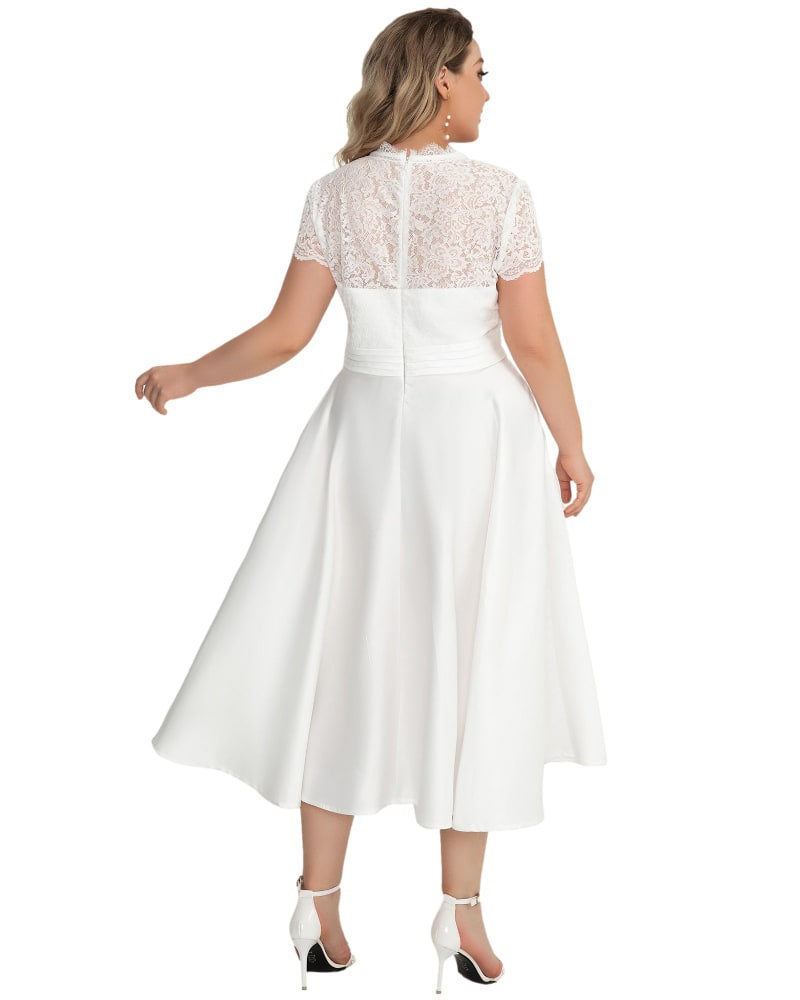 Front of a model wearing a size 16 Lace Cap Sleeve V neck Cocktail Dress in White by Ever-Pretty. | dia_product_style_image_id:282529